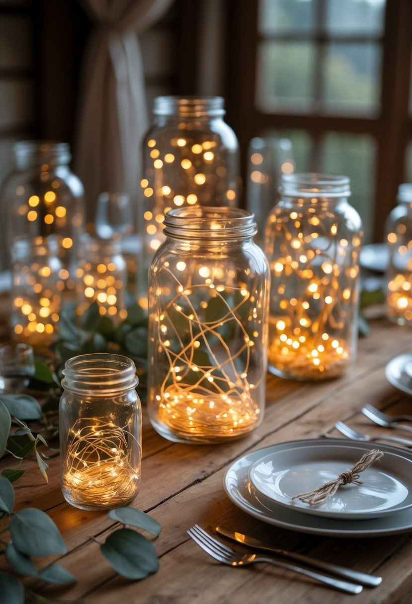 A wedding table with glowing fairy light jars arranged on a rustic wooden surface, creating a warm and cozy atmosphere.