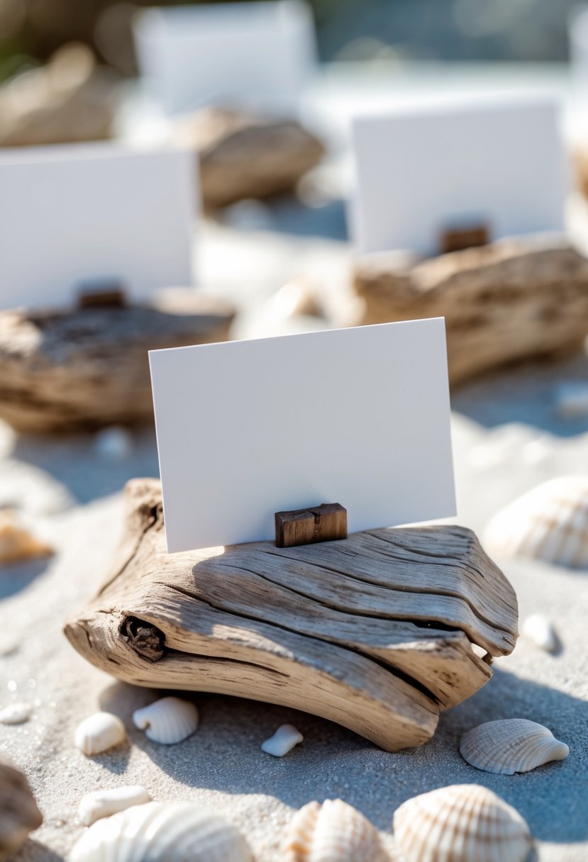 Natural driftwood place card holders on a wedding table with seashells and coral, arranged in a beach-themed setting.