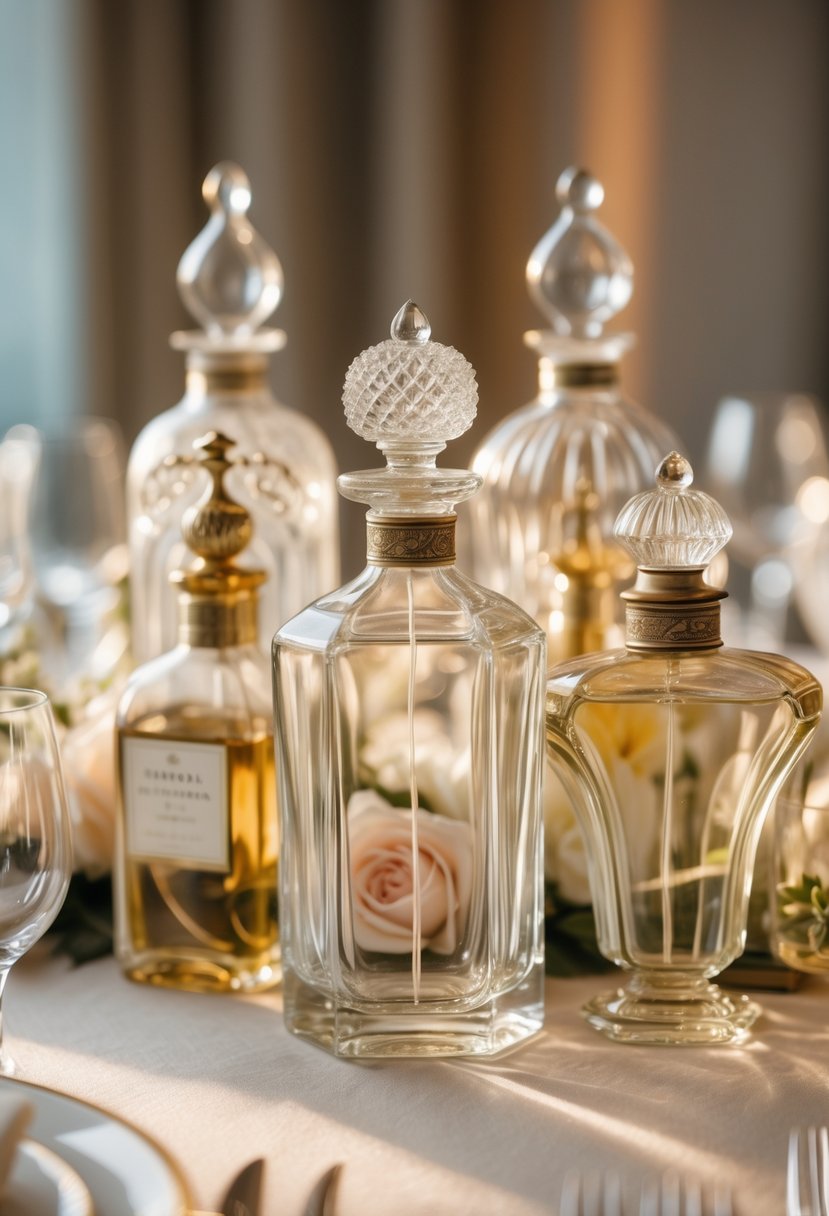 A group of vintage perfume bottles arranged as centerpieces on a wedding table without flowers.