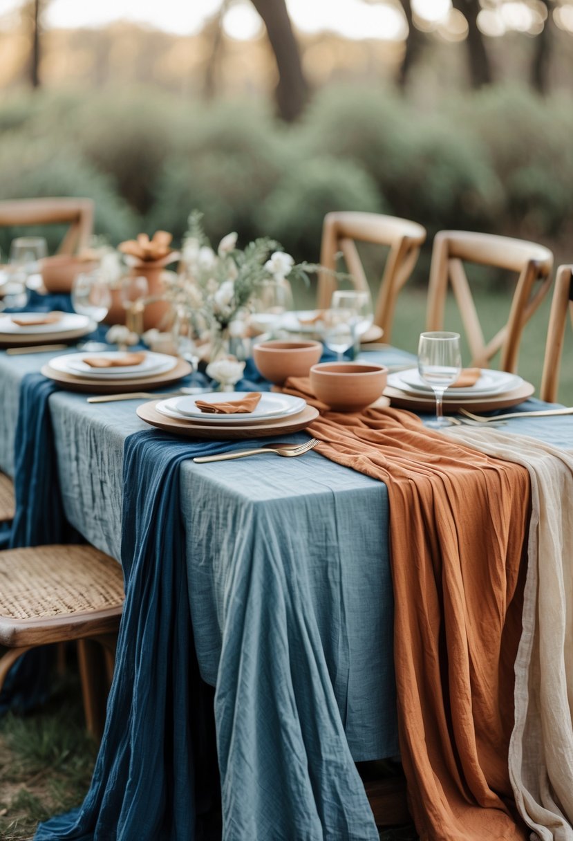 A wedding table set outdoors with hand-dyed fabric tablecloths, rustic wooden chairs, and simple tableware without any flowers.