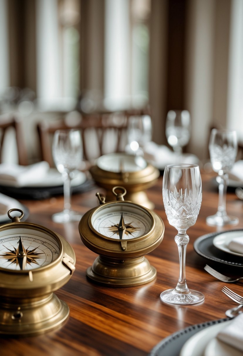 Antique brass nautical compasses placed on wooden tables set for a wedding without flowers.