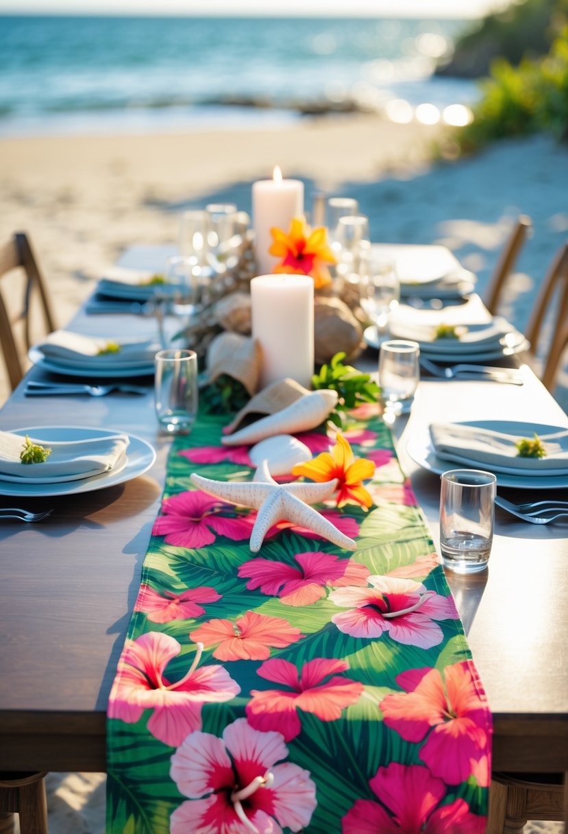 A beachside wedding table decorated with tropical hibiscus print linens, seashells, starfish, and candles, overlooking the ocean.