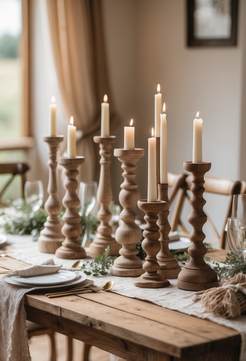 A wooden table with rustic wooden candlesticks arranged as wedding table decor, featuring neutral linens and soft lighting.