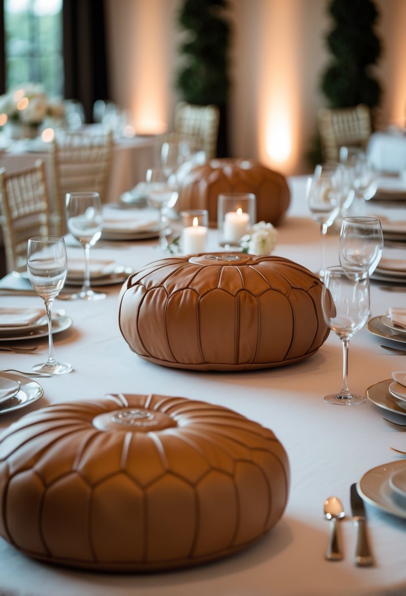 A wedding table with soft leather poufs used as centerpieces, surrounded by plates, glasses, and silverware.