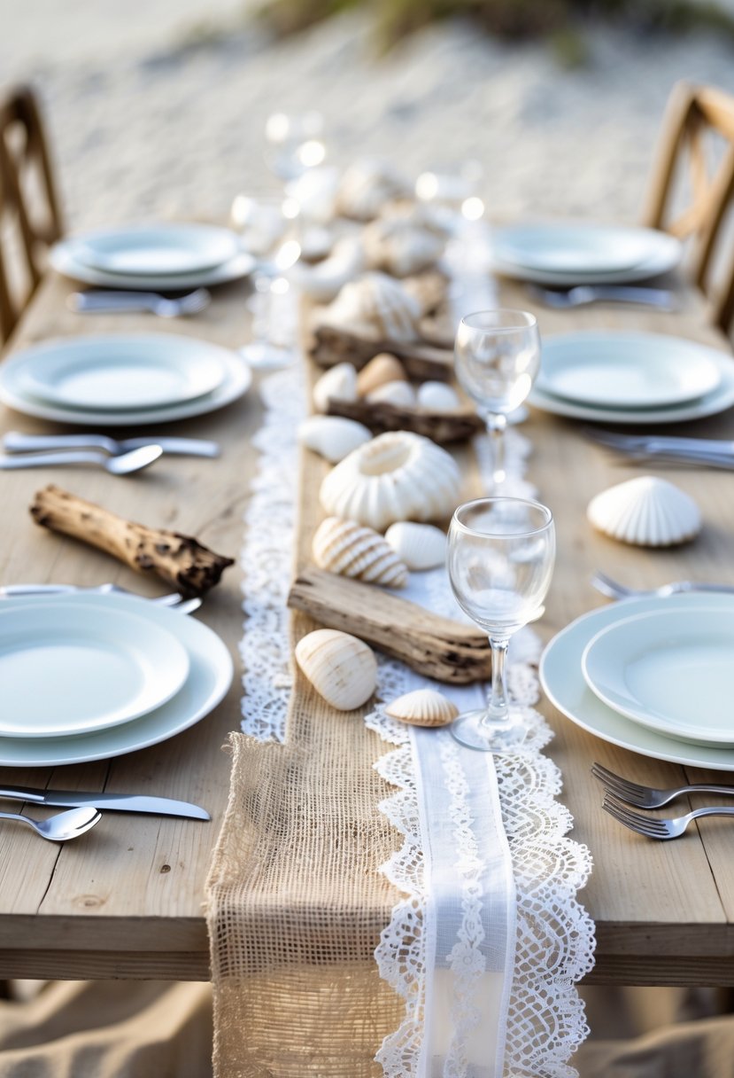 A wedding table set outdoors with burlap and lace runners, decorated with seashells and driftwood, overlooking a beach background.