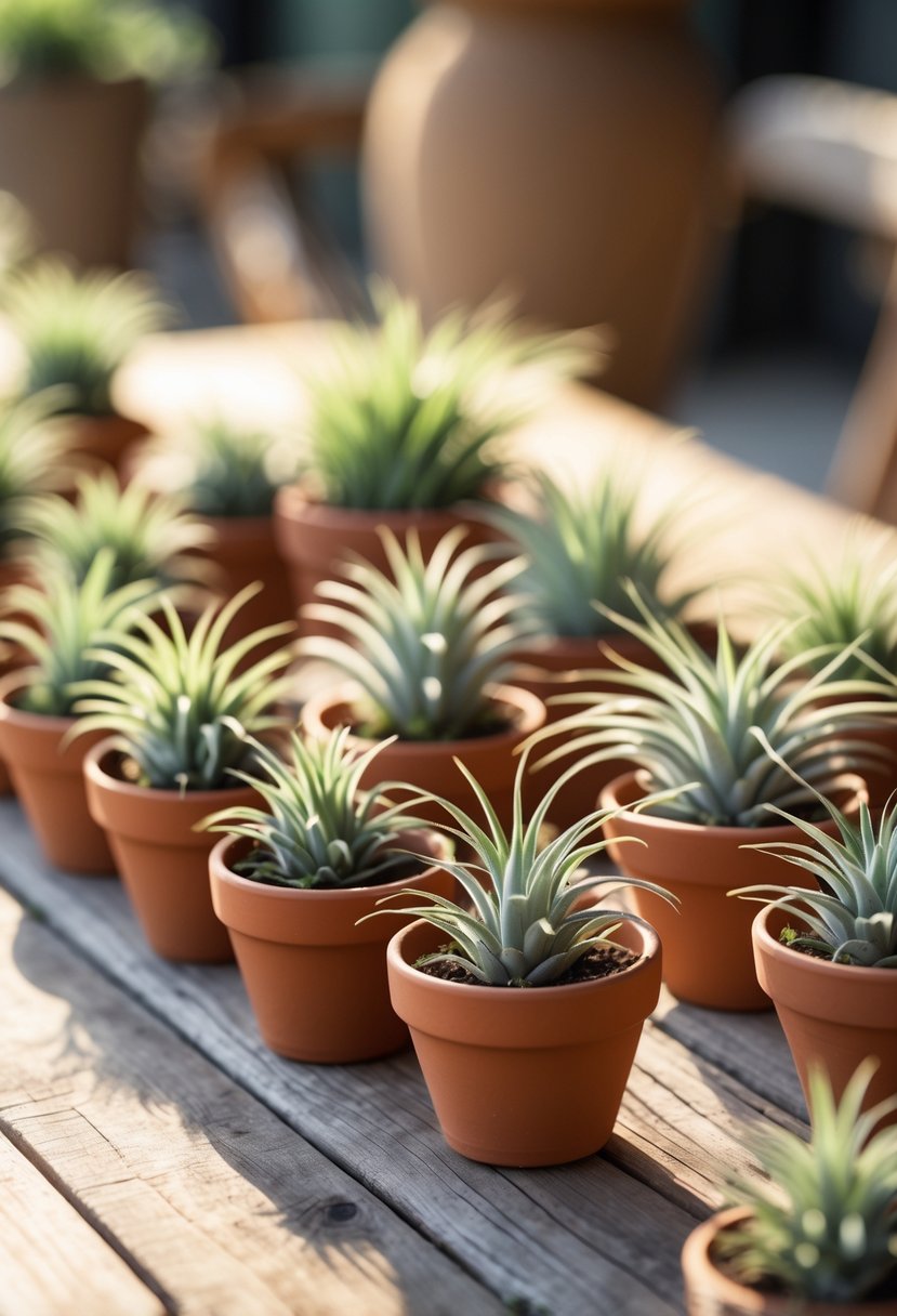 Small terracotta pots with green air plants arranged on a wooden table.