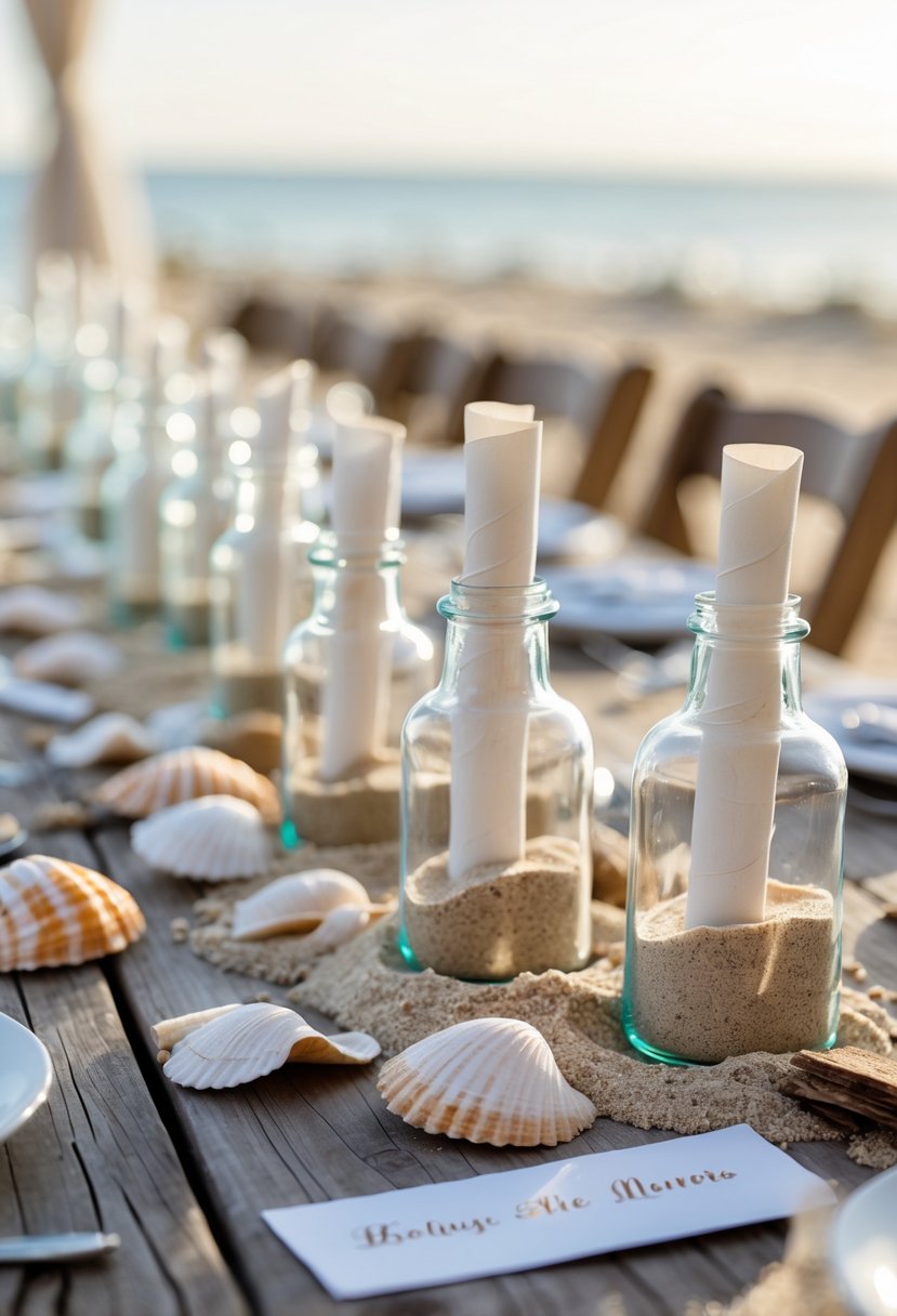 Wedding table with glass bottles containing guest notes, surrounded by seashells and beach-themed decorations on a wooden surface near the ocean.