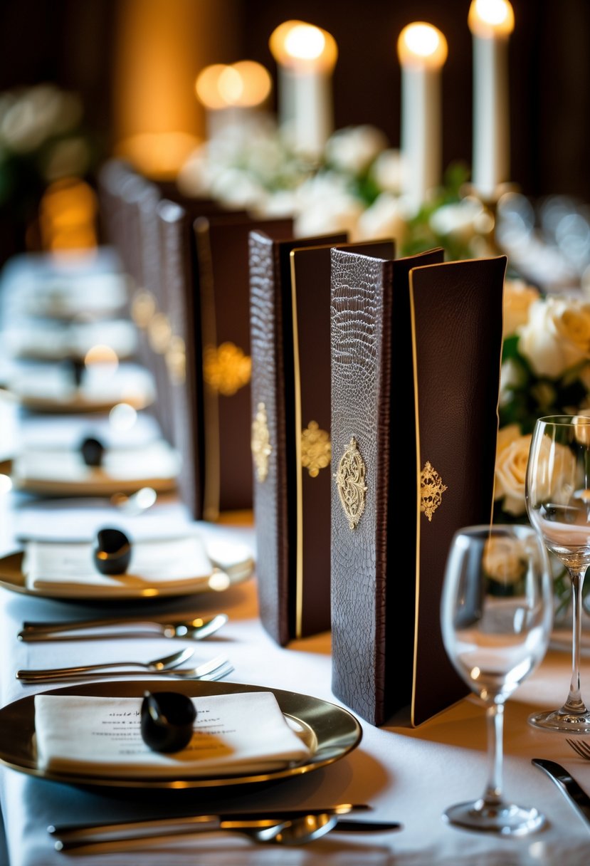 Several gold-embossed leather menus standing upright on a luxury wedding table with elegant table settings and no flowers.