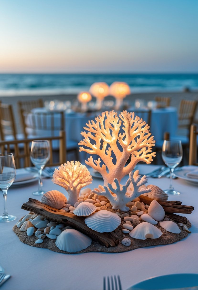 A wedding table on a sandy beach decorated with coral reef lamps, seashells, and driftwood, with ocean waves in the background.