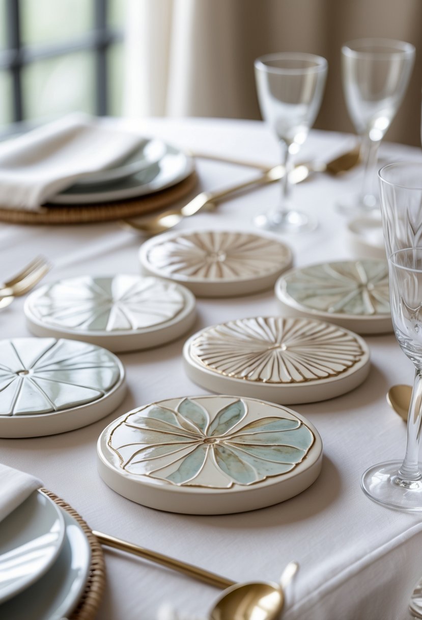 Close-up of hand-painted ceramic tile coasters arranged on a white wedding table with glassware and tableware.