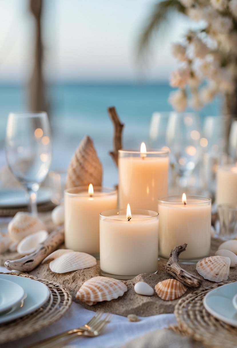 A wedding table decorated with lit soy candles, seashells, and driftwood in a beach setting without flowers.