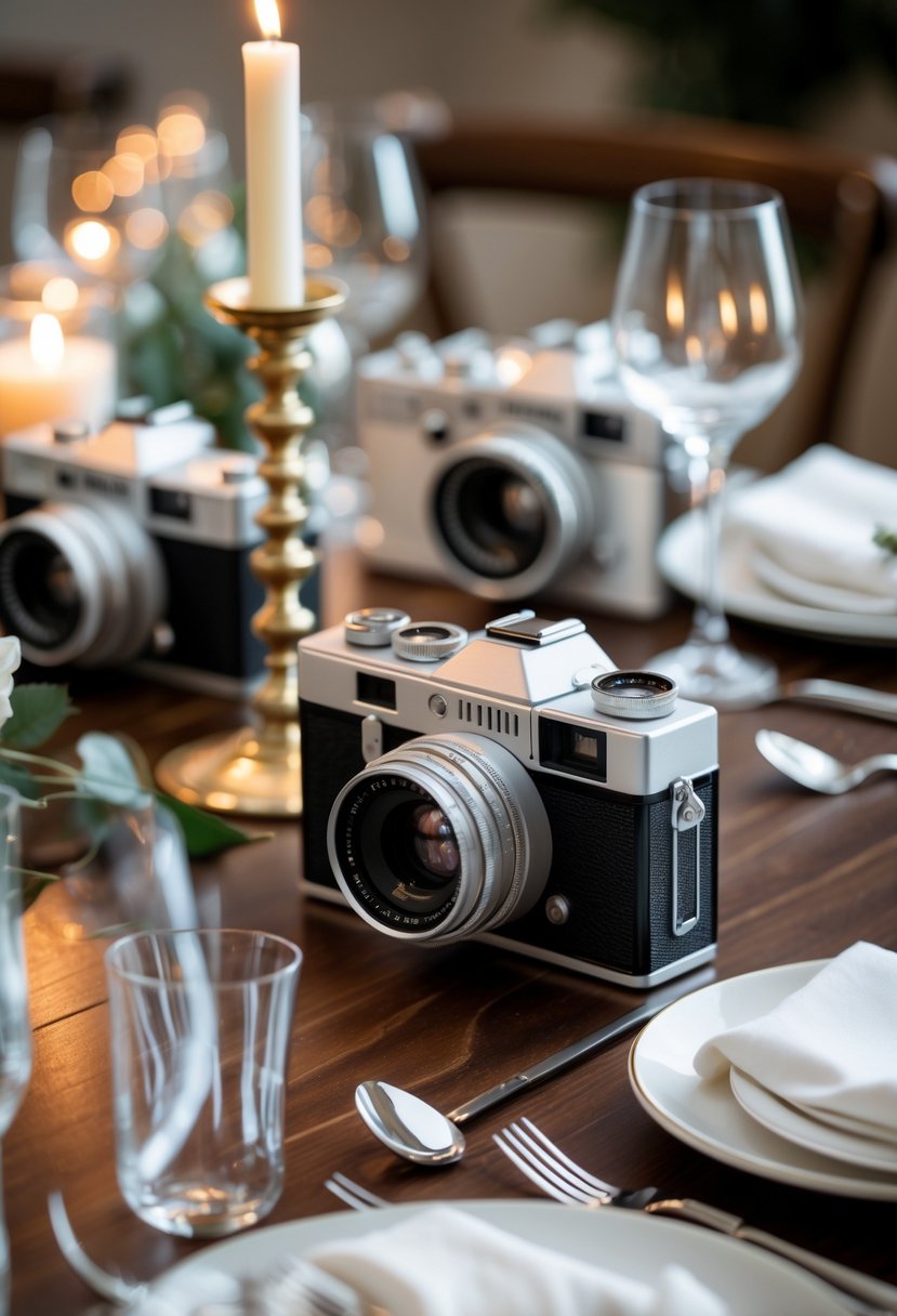A wedding table decorated with black and white vintage film cameras and elegant table settings without any flowers.