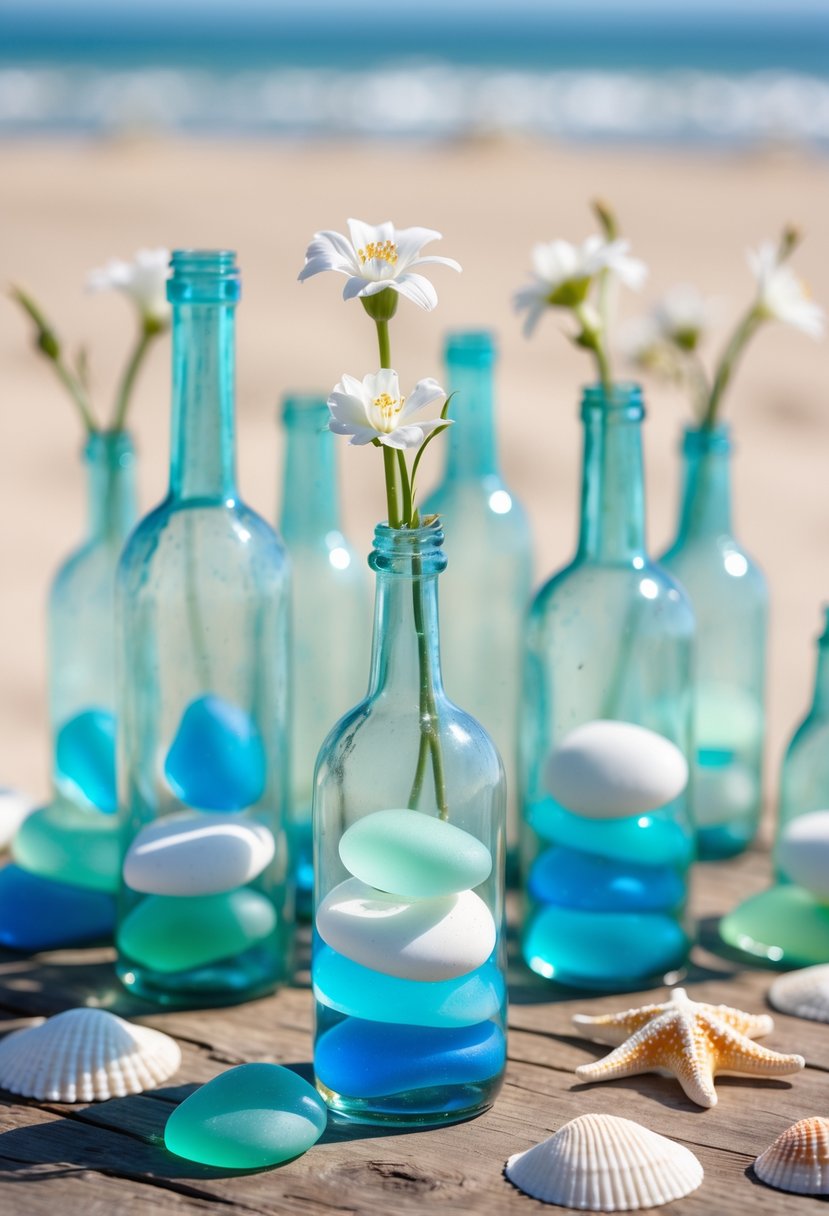 Clear glass bottles filled with colorful beach glass pieces arranged on a wooden table with seashells and a sandy beach background.
