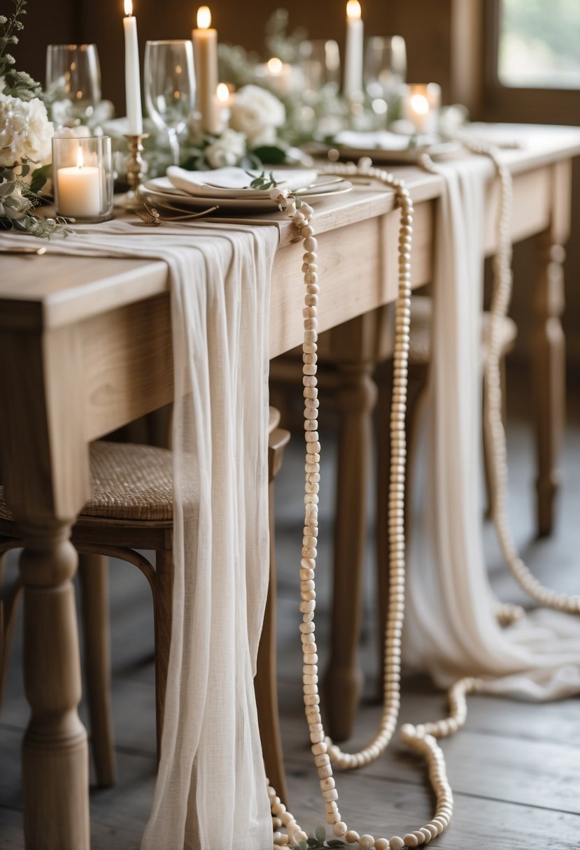 A wedding table decorated with beaded garlands draped across wooden tables, candles, and soft linens.