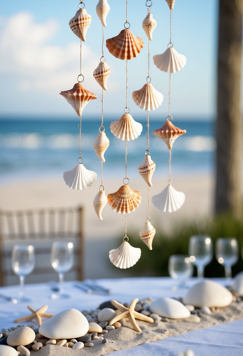 Wedding table decorated with seashell wind chimes and beach-themed elements without flowers.