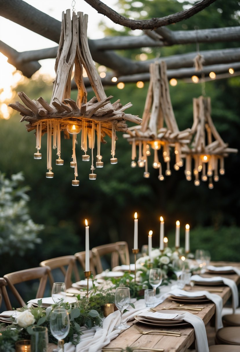 Wedding table with driftwood candle chandeliers hanging above, set with rustic tableware and candles, outdoors in natural light.