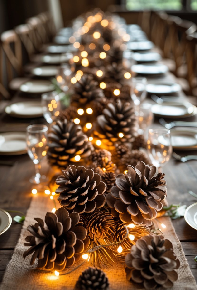 A wedding table decorated with clusters of pinecones wrapped in glowing fairy lights.