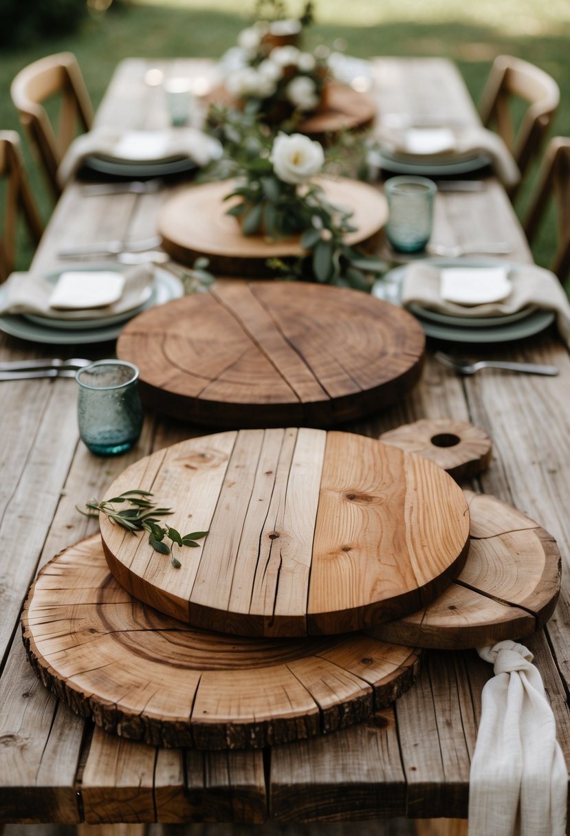 A rustic wooden table with reclaimed wood serving boards arranged alongside plates, napkins, and glassware in an outdoor setting.