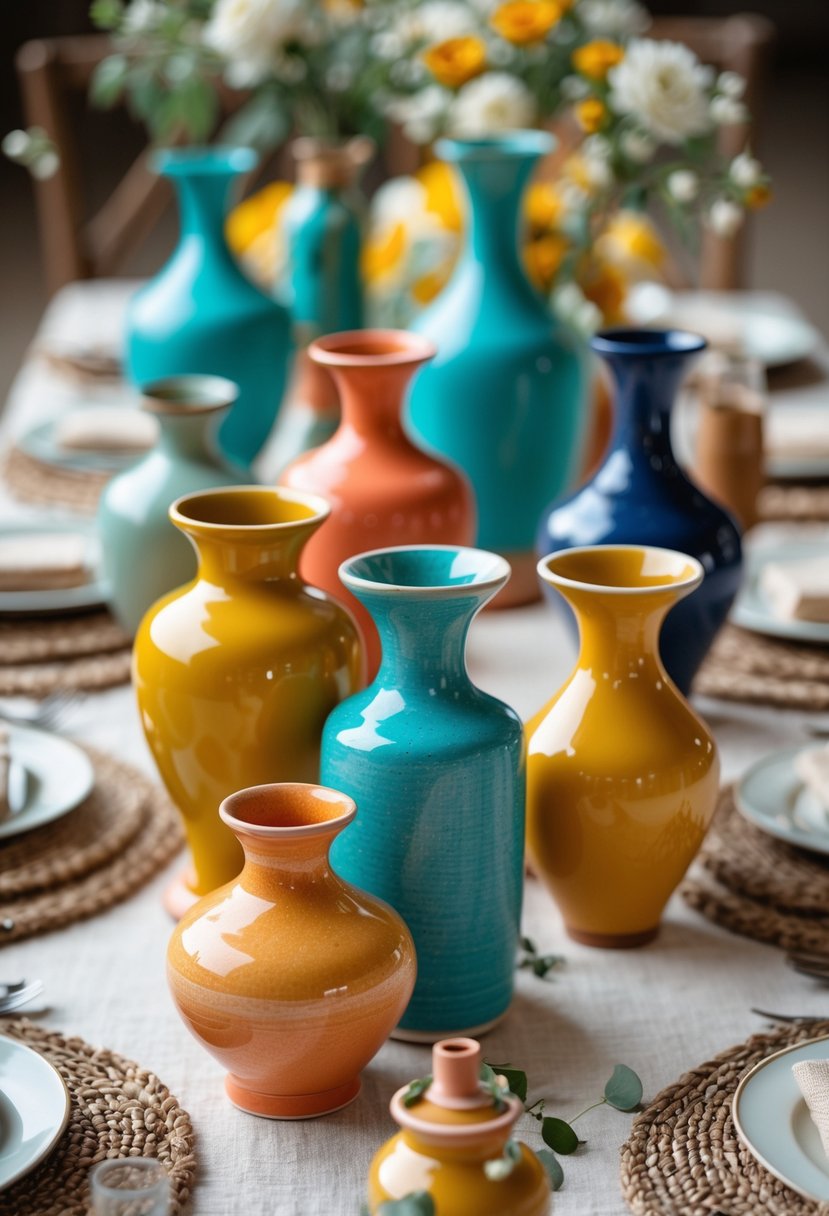 A wedding table decorated with brightly colored ceramic vases in various shapes and sizes, arranged neatly without any flowers.