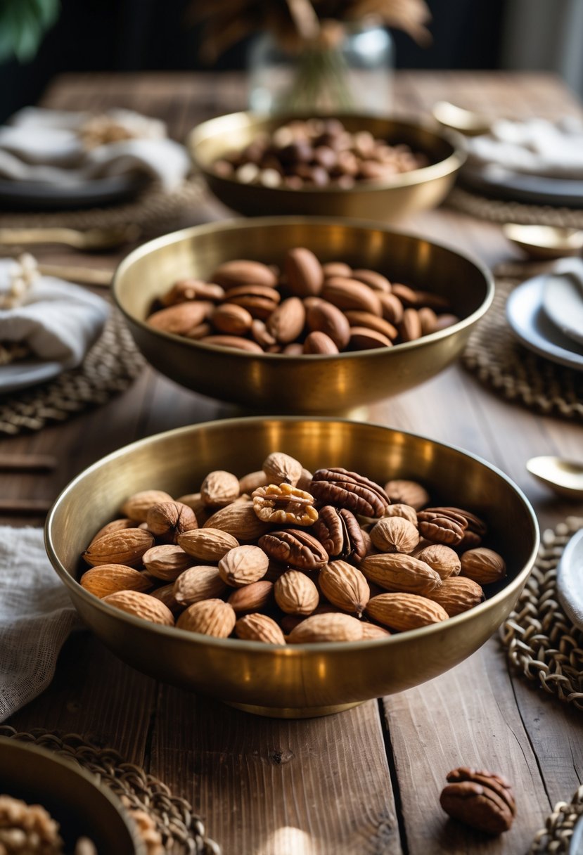 Vintage brass bowls filled with various nuts arranged on a wooden table with natural lighting.