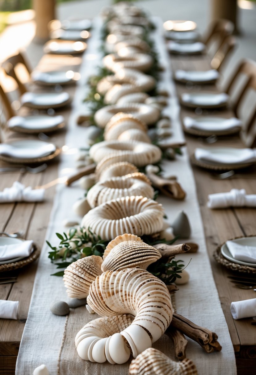 A wedding table with a centerpiece made of woven shell garlands and natural decorations on a wooden surface.