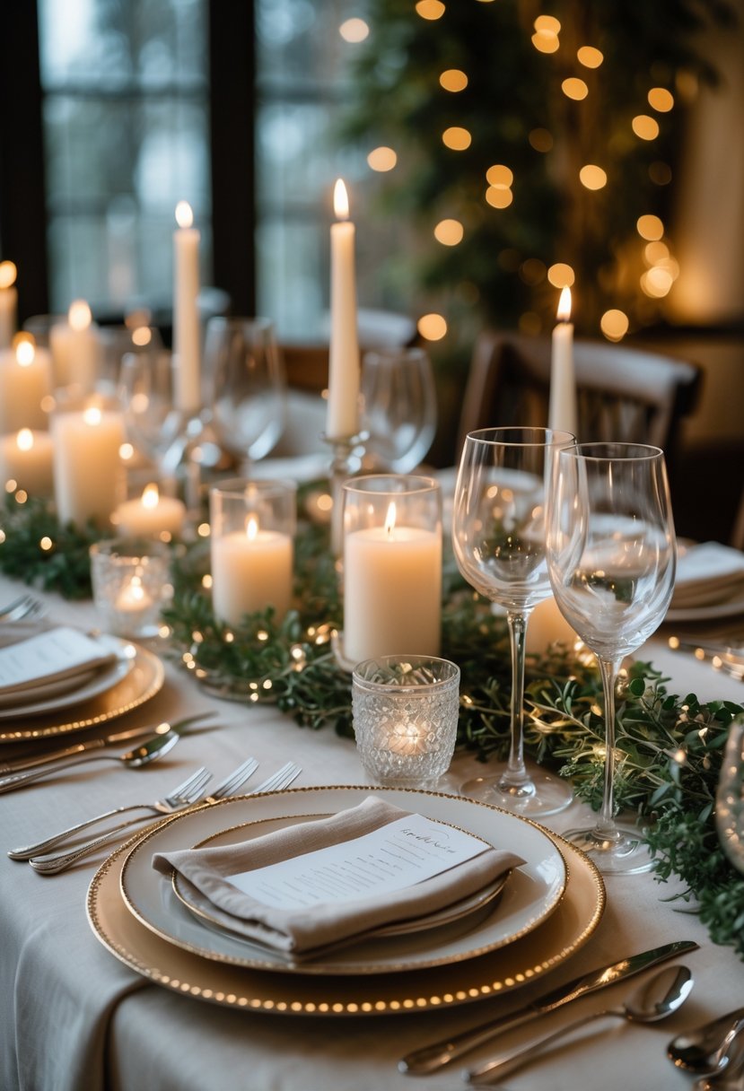 A wedding table set with candles, greenery garlands, linen napkins, fine china, and crystal glasses, creating a warm and intimate atmosphere without flowers.