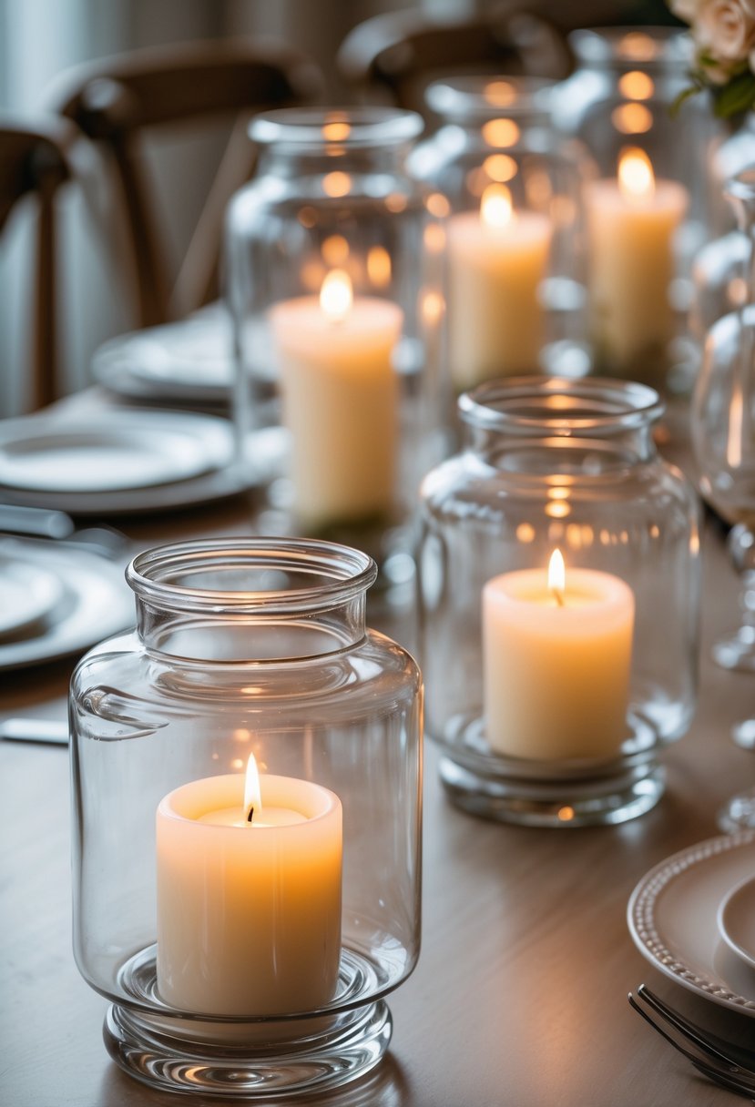 A wedding table with several glass hurricane lanterns containing lit candles, creating a warm and intimate atmosphere.