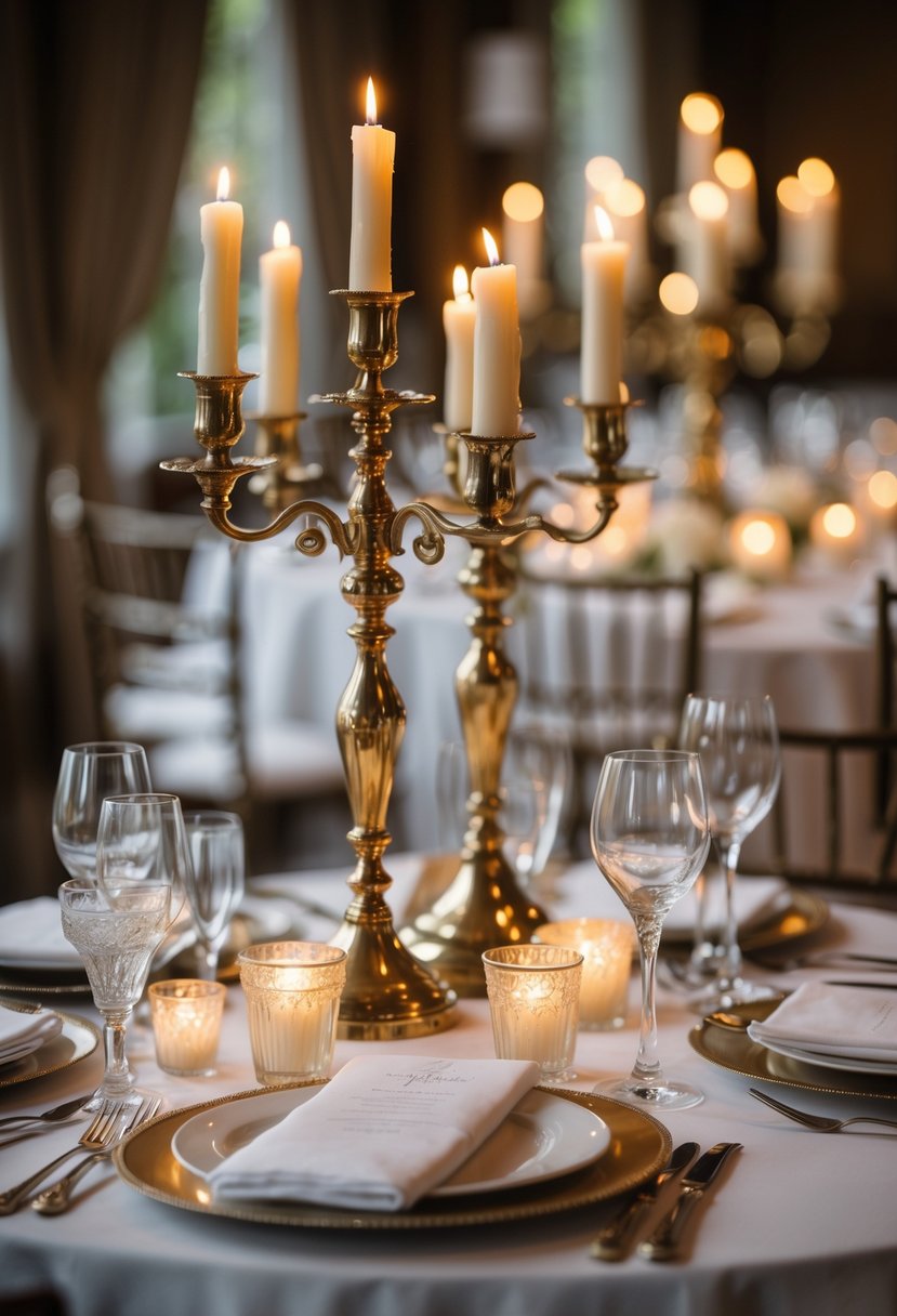 Wedding table with vintage brass candelabras lit by candlelight and elegant table settings without flowers.