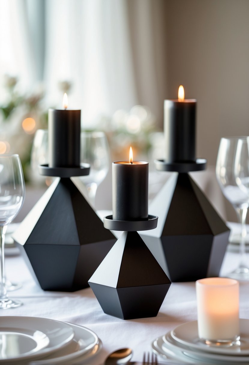 A wedding table with matte black geometric candle holders arranged on a white tablecloth.