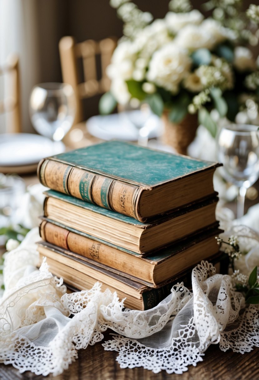 A stack of antique books with white lace draped around them on a table.