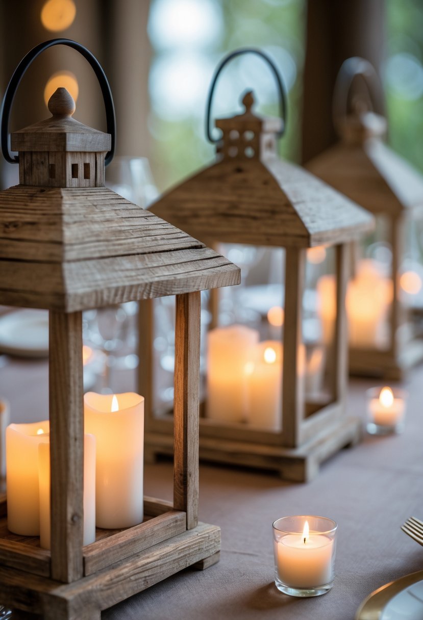 Rustic wooden lanterns with glowing LED candles arranged on a wedding table without flowers.