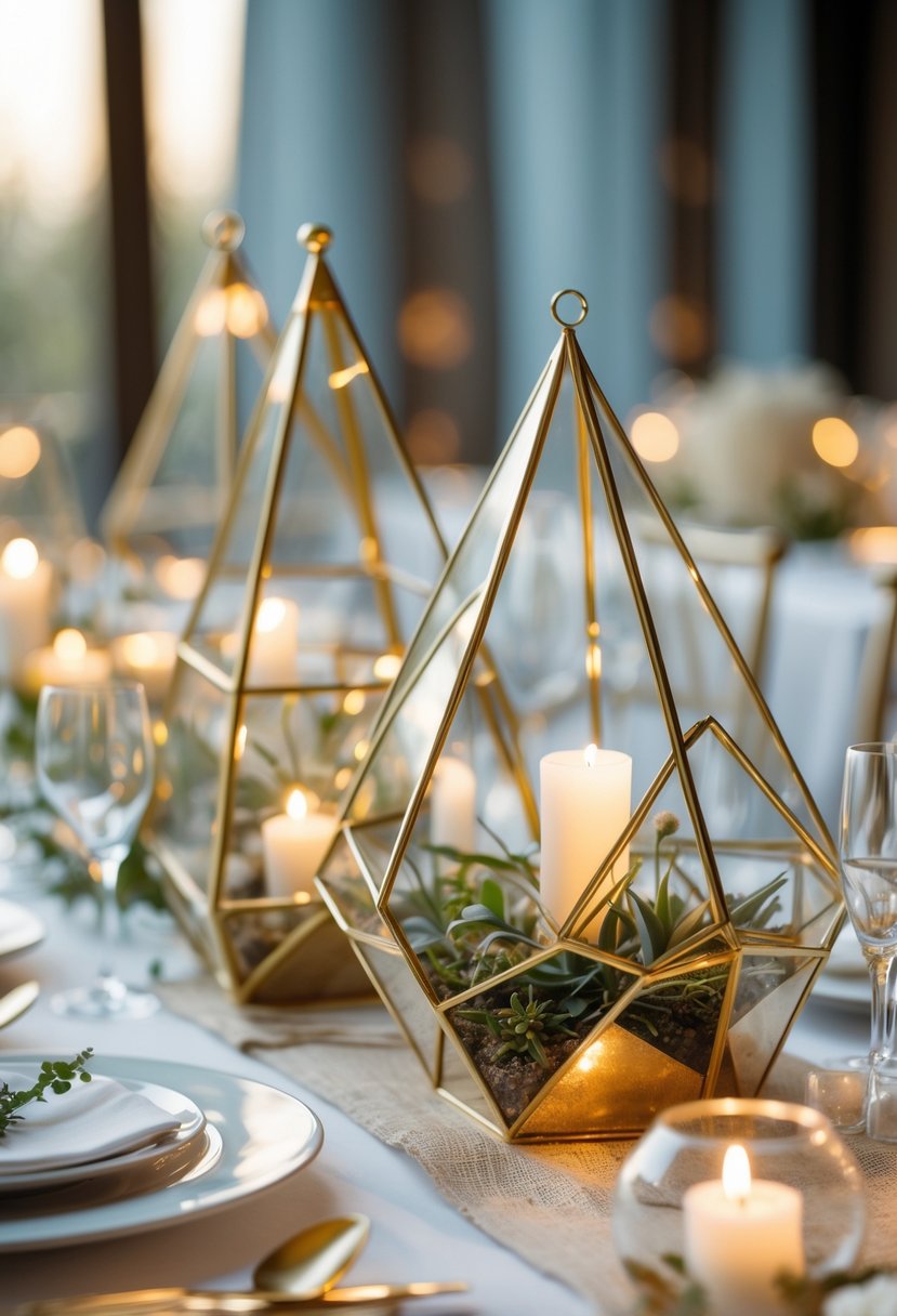A wedding table decorated with golden geometric terrariums as centerpieces, without any flowers.