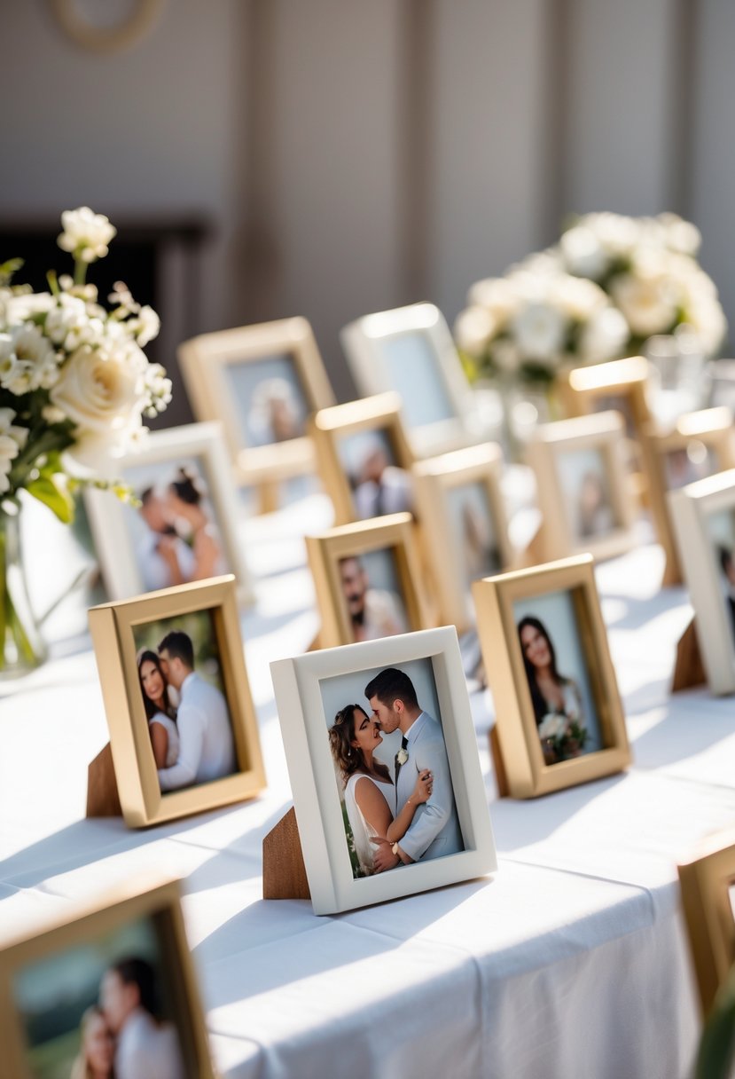 Mini picture frames with romantic couple photos arranged on a wedding table without flowers.