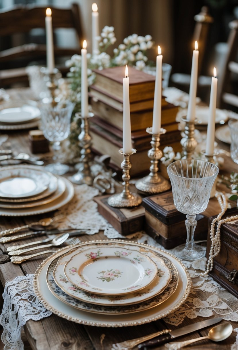 A wedding table set with vintage china, crystal glasses, lit candles, and antique decorative items on a wooden table.