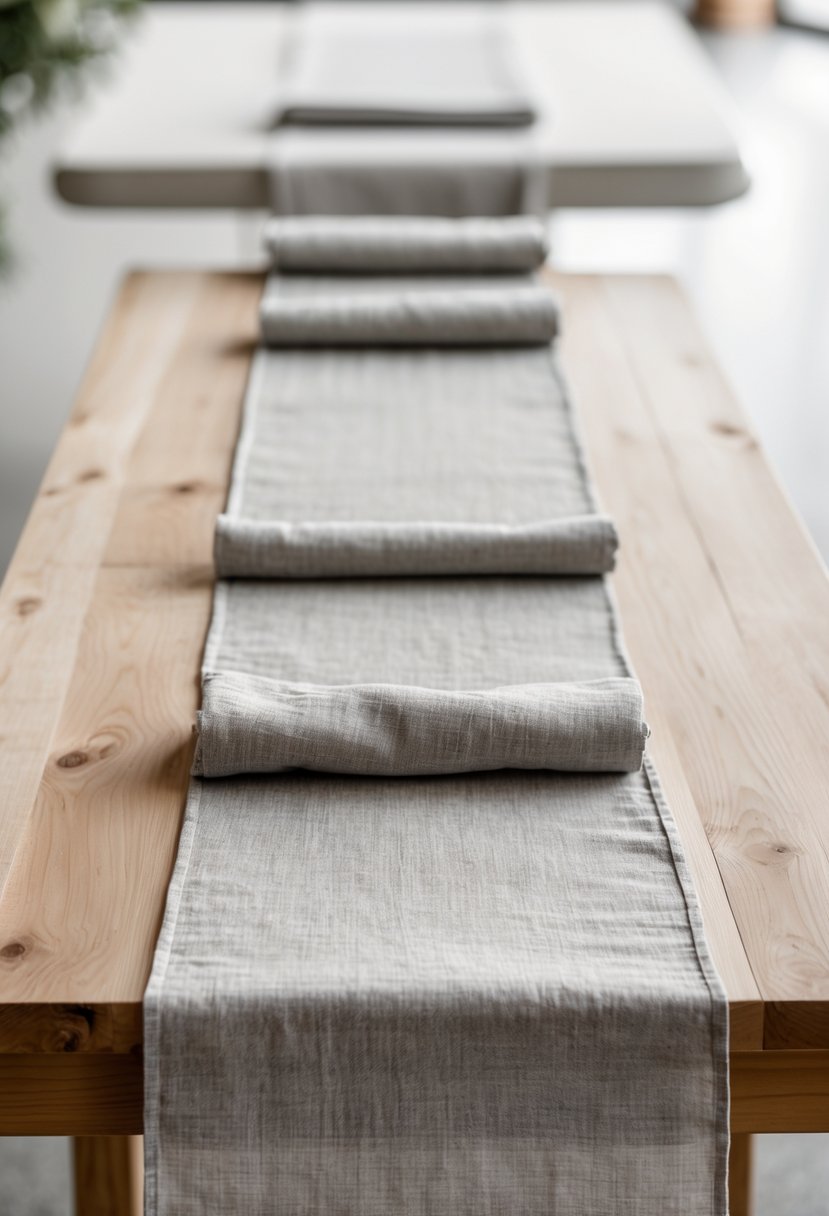 A long wooden table with monochrome linen table runners arranged neatly, without any flowers or other decorations.
