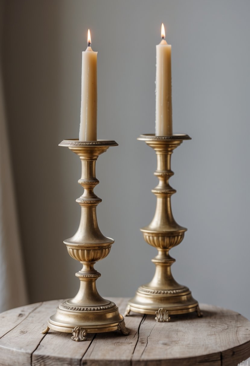Two antique brass candlesticks with tapered candles on a wooden table.