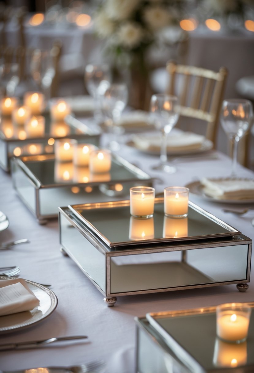 A wedding table with mirrored trays holding lit votive candles, creating a warm and romantic atmosphere.