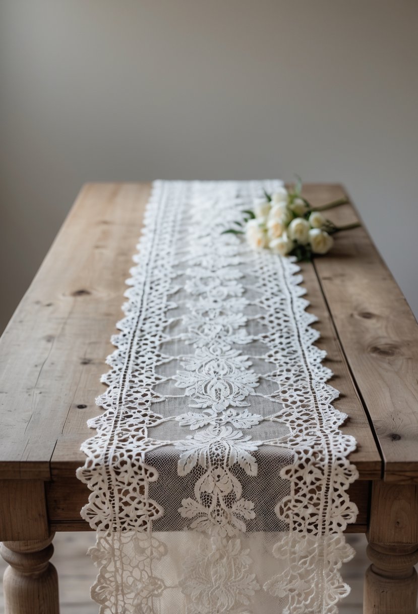 A rustic wooden table with a detailed vintage lace table runner laid out smoothly, with soft natural lighting and a blurred background.