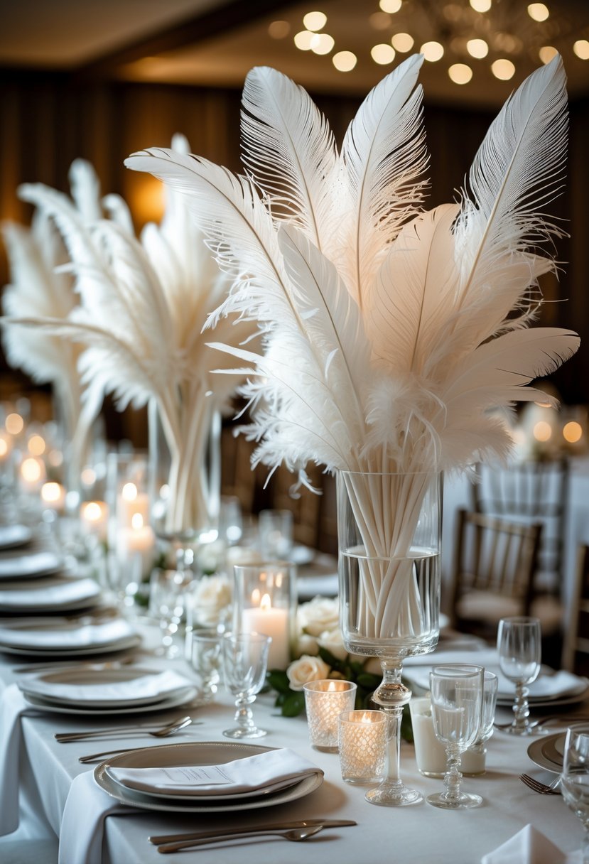 A wedding table with tall white feather centerpieces in glass vases, surrounded by tableware and candles.