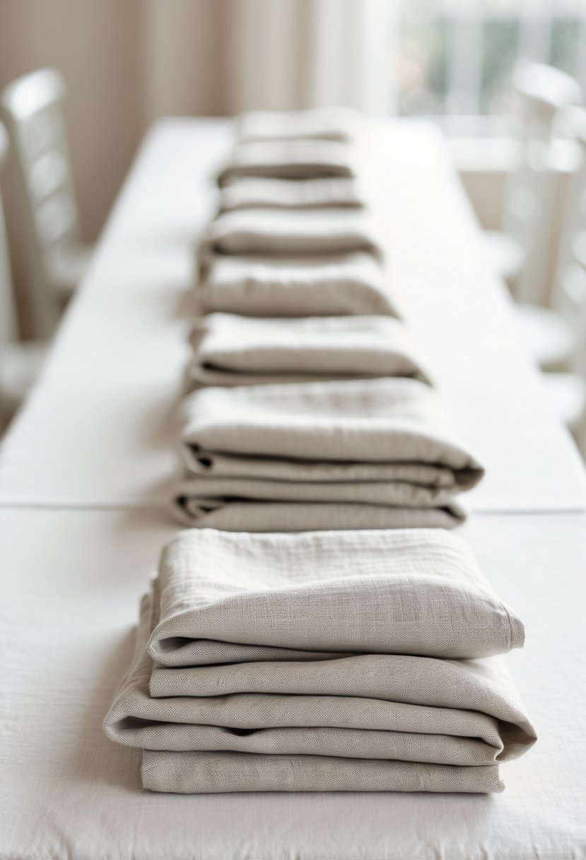 Neatly folded linen napkins arranged on a white wedding table without any flowers.