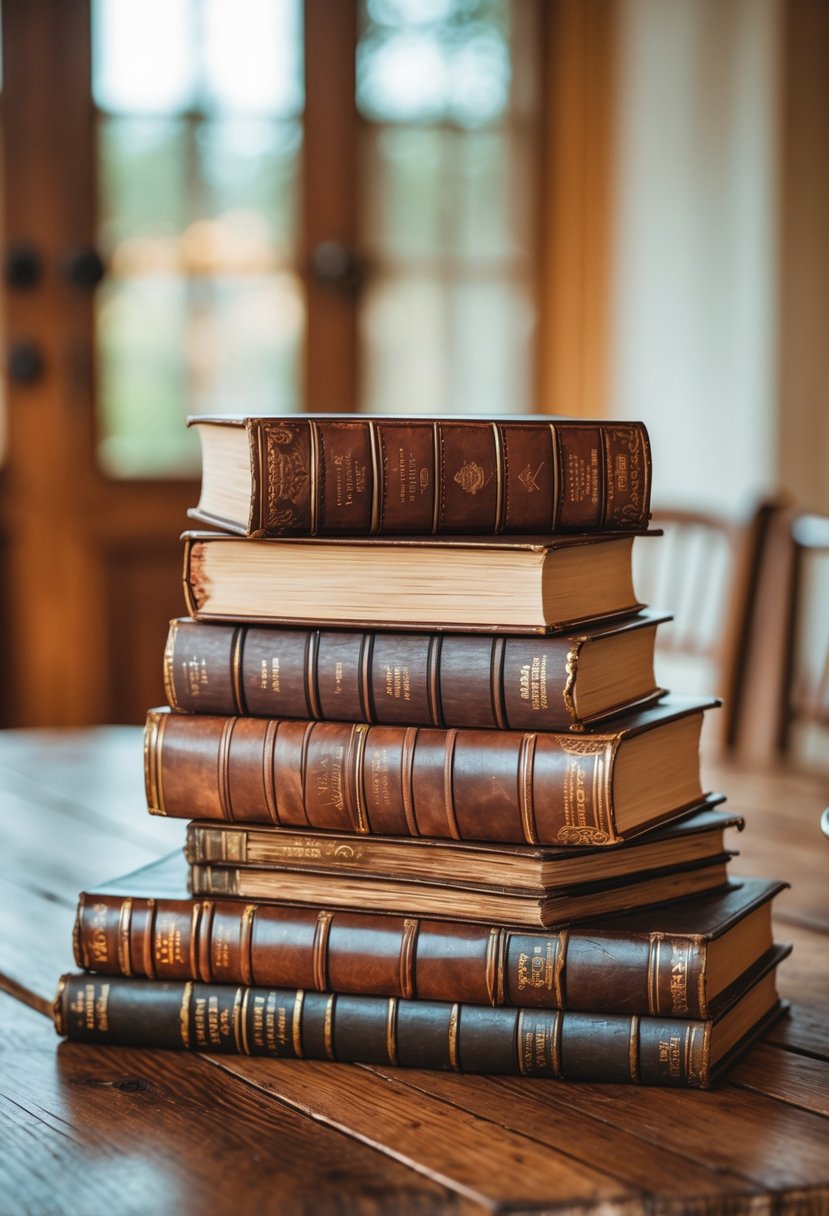 A wedding table centerpiece made of stacked vintage leather-bound books on a wooden table.