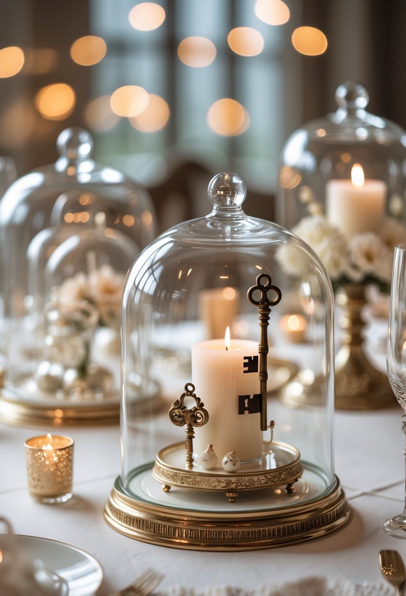 Glass cloches on a wedding table containing decorative objects like vintage keys and candles, arranged as elegant table décor.