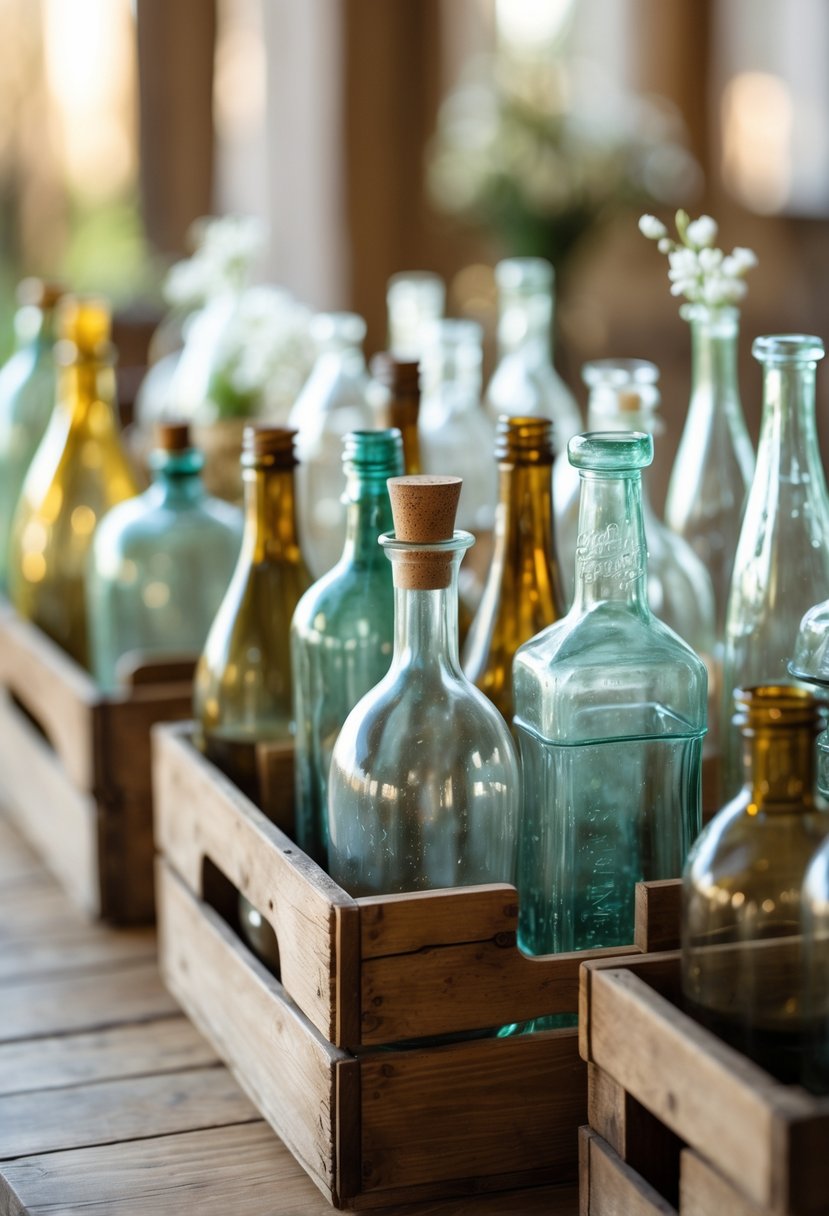 Wooden crates filled with vintage glass bottles arranged on a table as wedding décor.