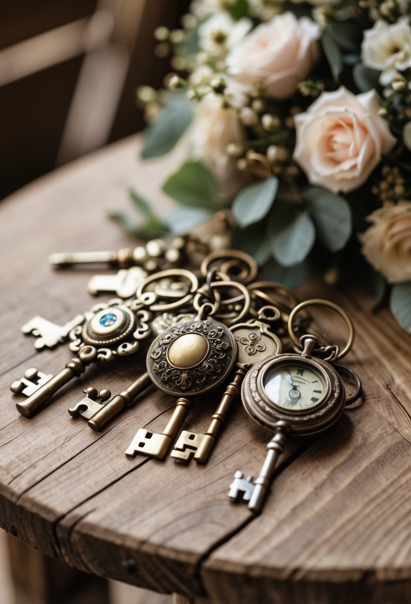 Close-up of antique keys and lockets arranged on a wooden table as wedding décor.