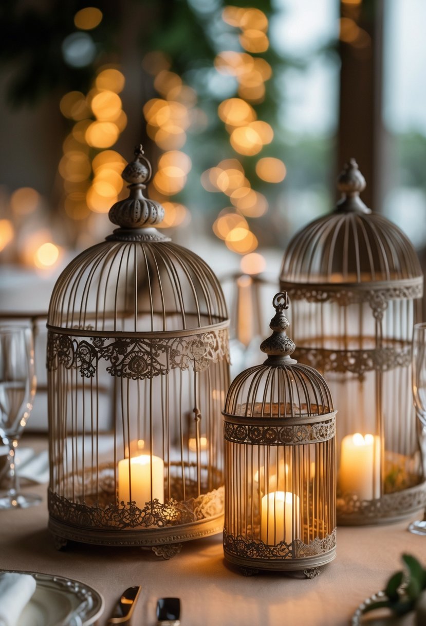 Vintage birdcages decorated with glowing fairy lights arranged on a wedding table.