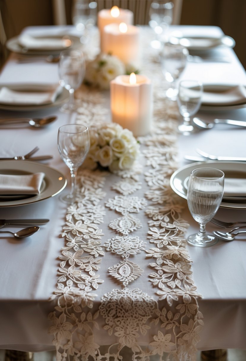 A wedding table with delicate lace runners, white plates, silver cutlery, and clear glassware arranged neatly without any flowers.