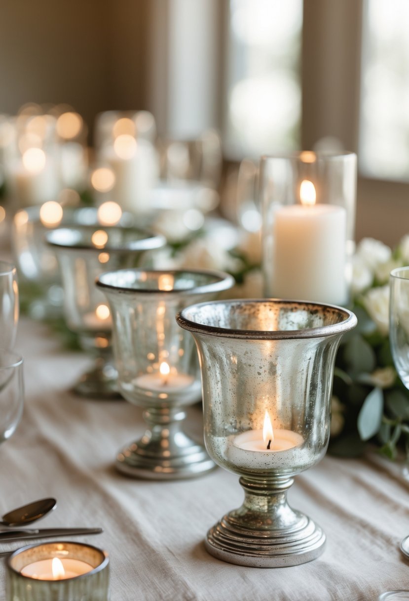 A group of vintage mercury glass votive candle holders arranged on a wedding table without flowers.