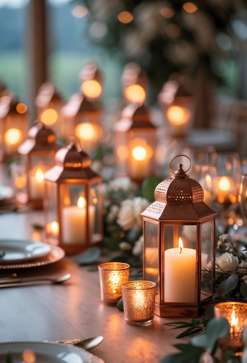 A wedding table with copper lanterns holding lit pillar candles, creating a warm and romantic atmosphere.