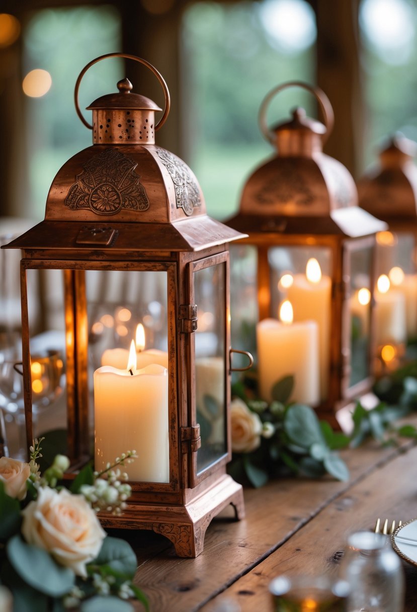 A close-up of aged copper lanterns with flickering LED candles arranged on a wooden table.