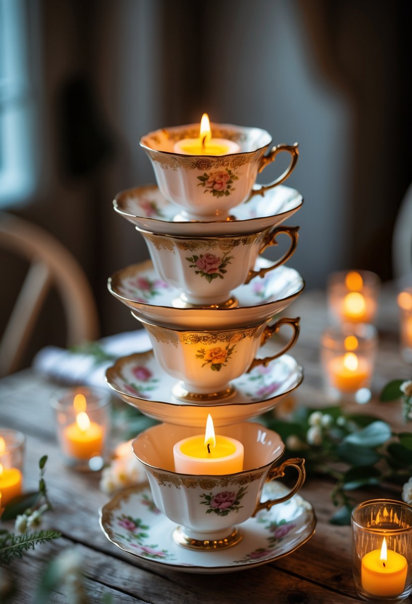 Stacked vintage teacups with glowing LED candles on a wooden table.